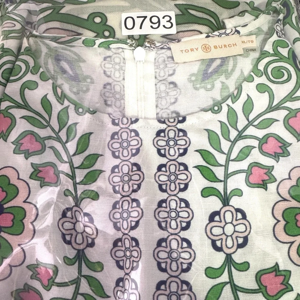 Tory Burch XL Hicks Garden Party Linen Shift Dress Matching Scarf Wrap Set Mod